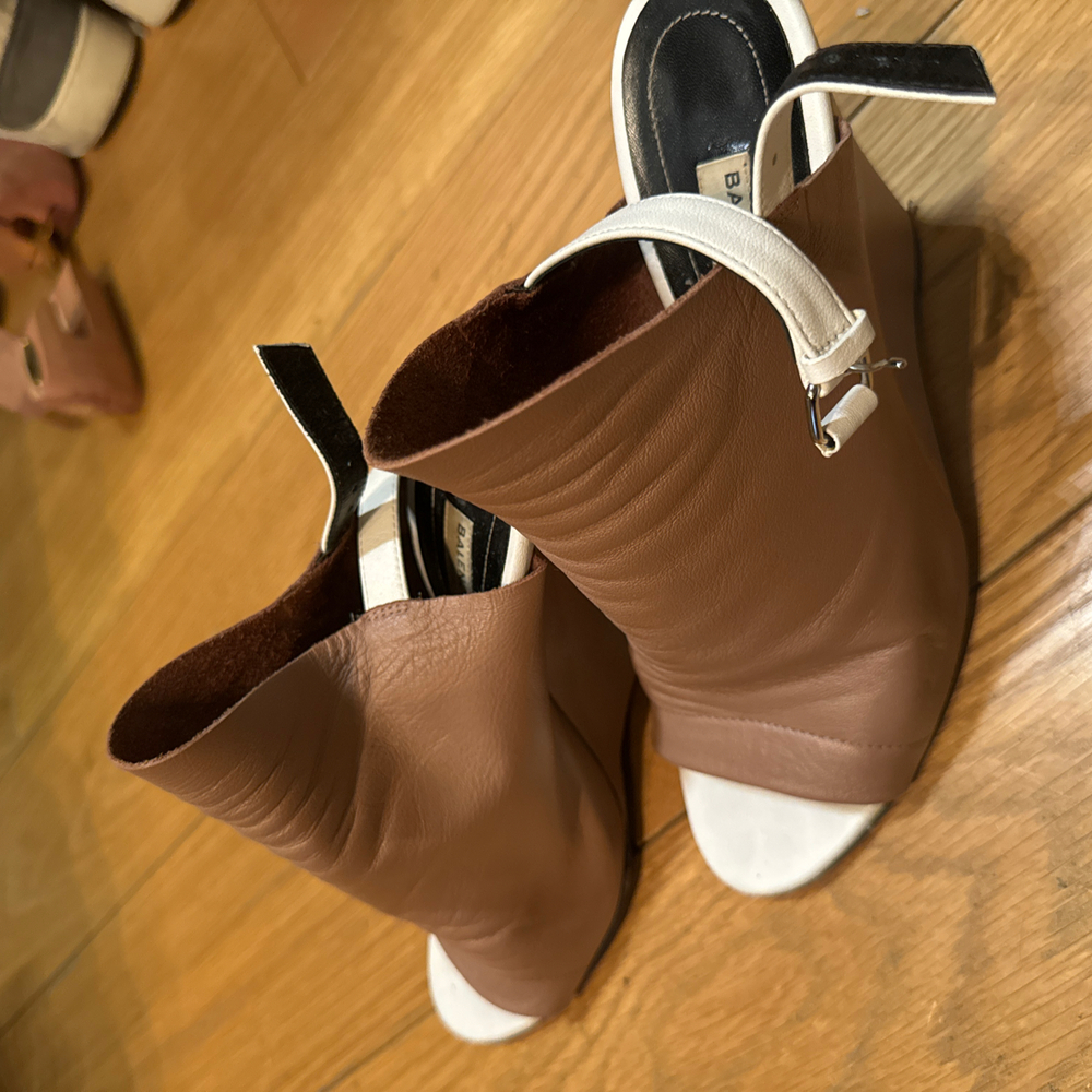 Balenciaga Brown Leather Open-Toe Wedge Heels